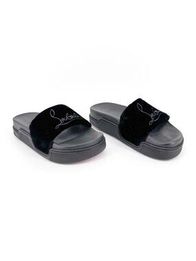 Christian Louboutin 'Navy Pool' Slide Sandals Size 37 US 7 Black Velvet Logo 30
